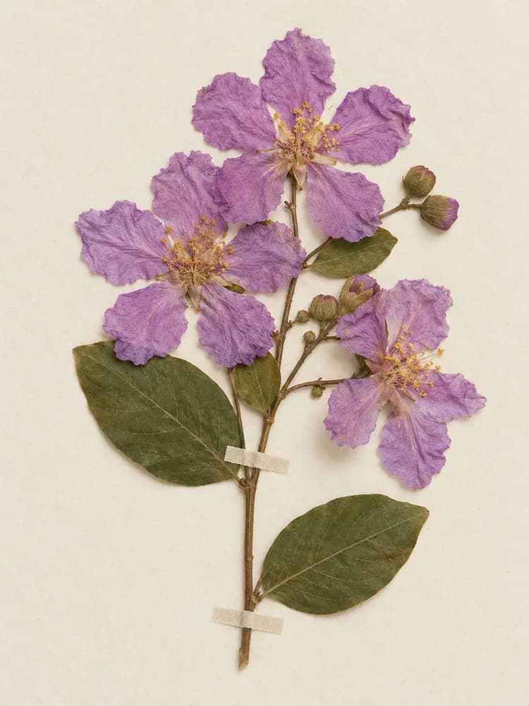 Tiêu bản bằng lăng ép (Lagerstroemia speciosa): cánh hoa tím nhăn và nhị vàng trên giấy kem