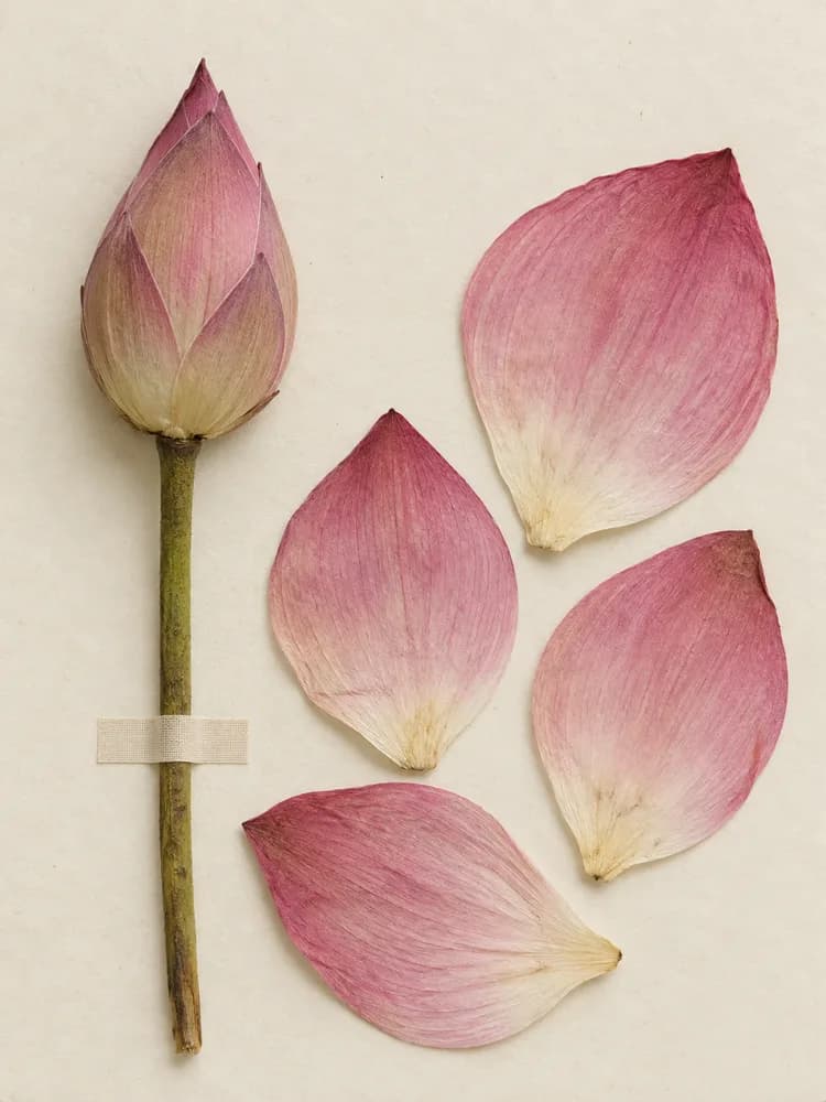 Tiêu bản sen ép (Nelumbo nucifera): nụ sen và cánh hoa hồng rời trên giấy kem