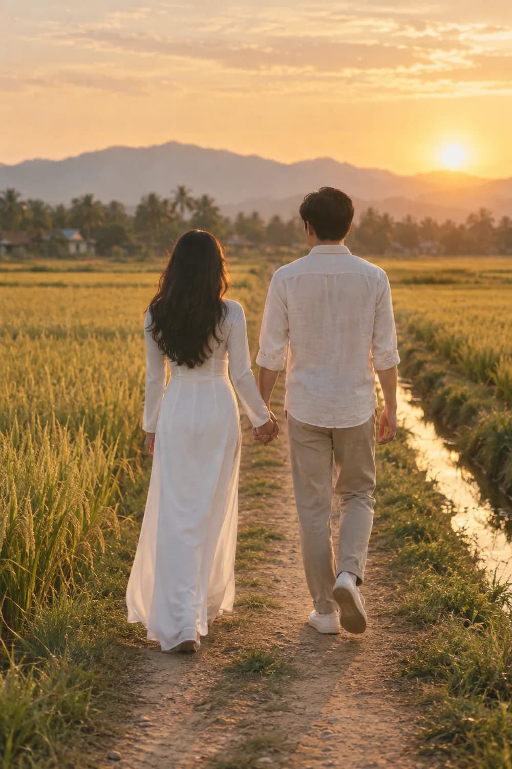 Hai người nắm tay đi giữa đồng lúa chiều vàng