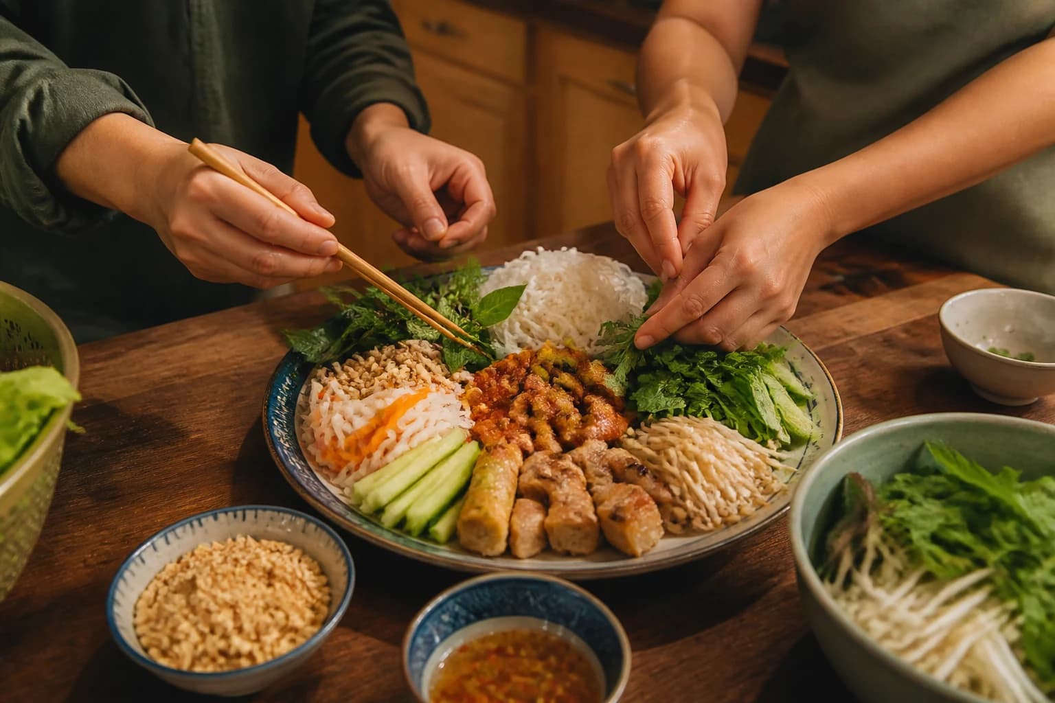 Hai người hoàn thiện đĩa món Việt cho bữa tối tại nhà