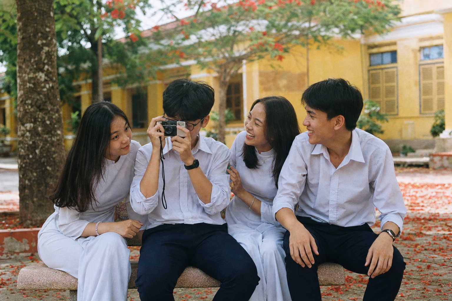 Nhóm bạn lớp 12A3 cùng xem lại ảnh kỷ yếu