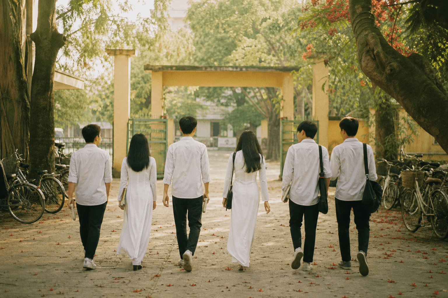 Nhóm học sinh lớp 12A3 đi qua cổng trường mùa phượng đỏ