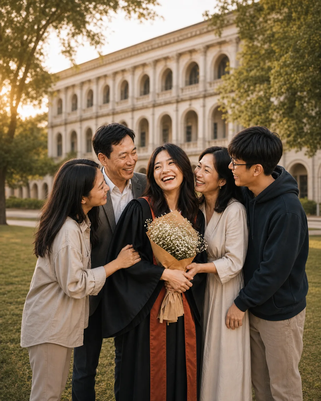 Minh Anh trong lễ phục tốt nghiệp bên gia đình và những người thân yêu