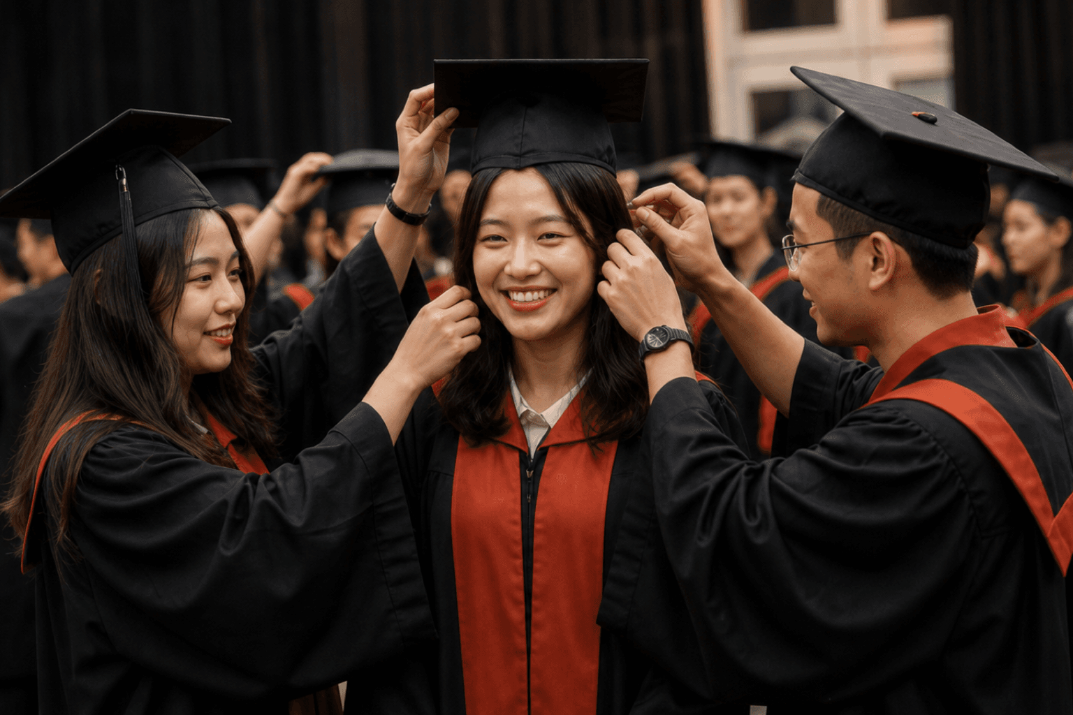 Nhóm tân cử nhân tung mũ trong ngày tốt nghiệp