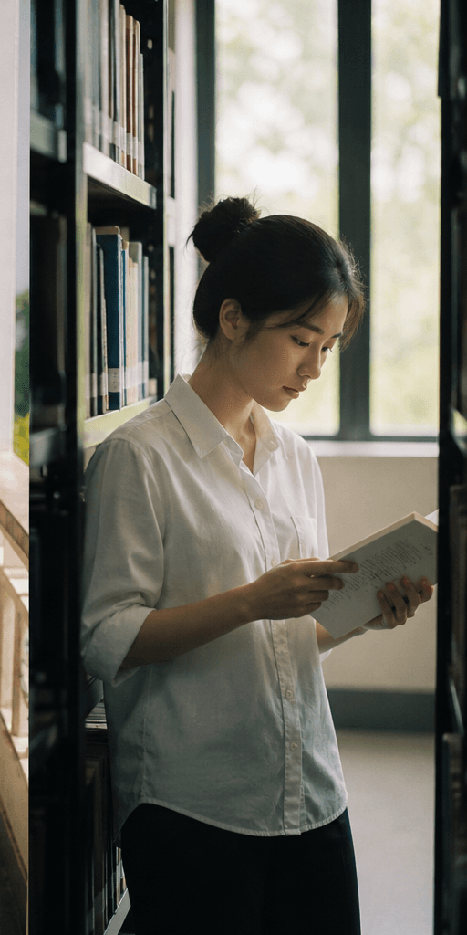 Minh Anh đọc sách trong thư viện trường