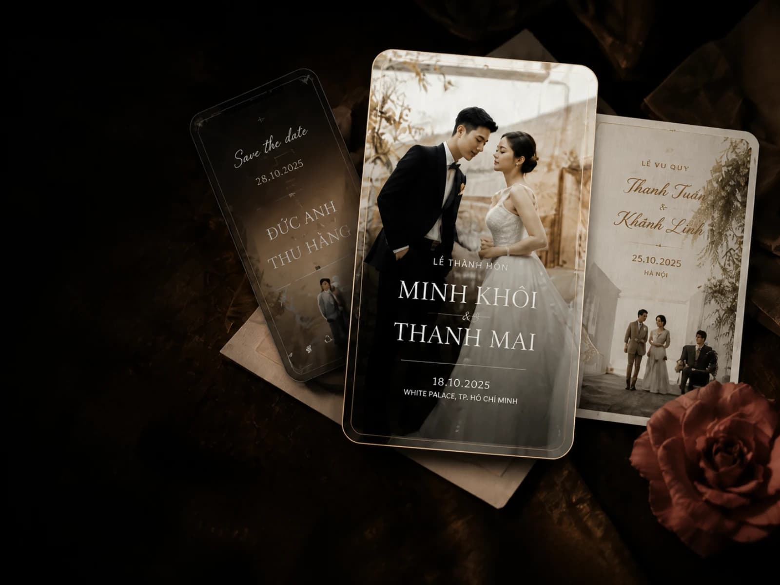 Thiệp mời và hoa trong ánh sáng dịu