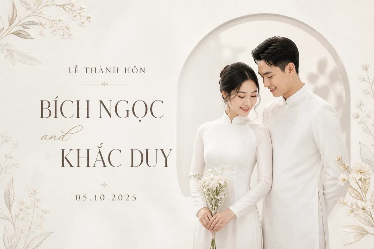 Thiệp cưới màu kem với hoa trắng