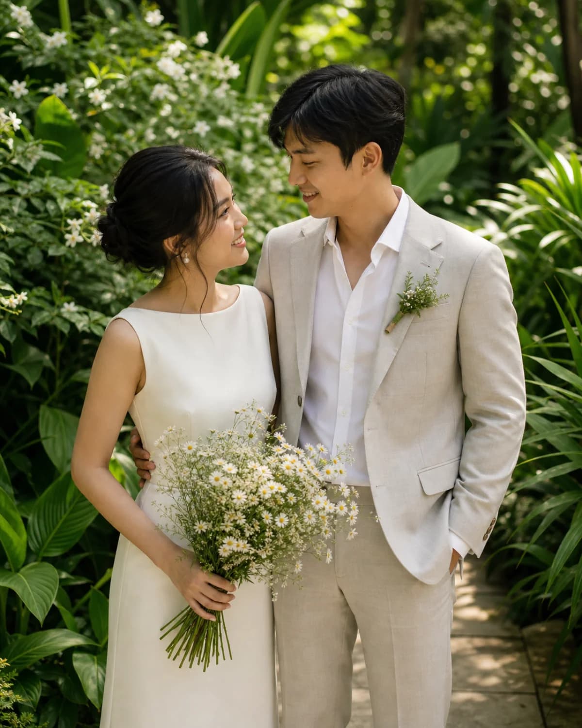 Minh Khôi và Hà Vy cười với nhau giữa vườn hoa trắng