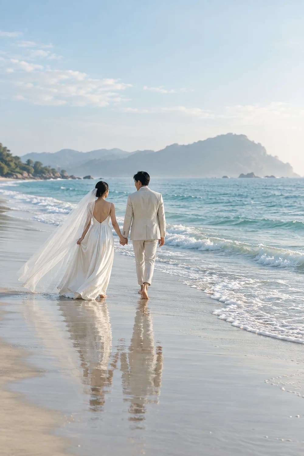 Hai người nắm tay đi dọc bãi biển, bóng phản chiếu trên cát ướt